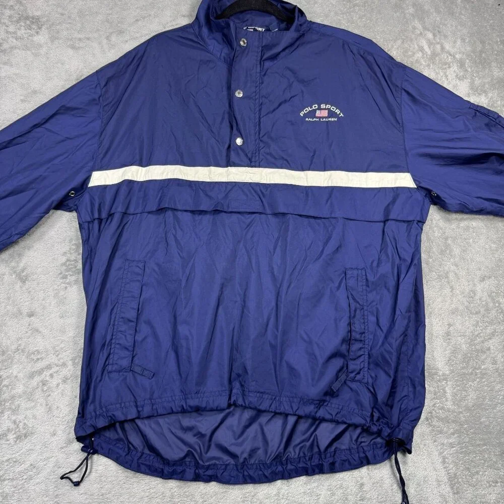 Vintage 90s POLO SPORT Ralph Lauren Mens Large Windbreaker T-Snap Jacket Blue